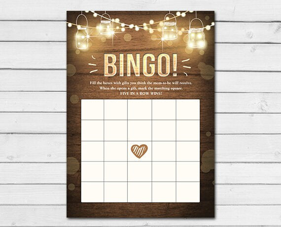 Rustic Lights Baby Shower Bingo Game Cards Wood Mason Jars Rustic String Lights Fall Winter Gender Neutral Printable Instant Download 0015