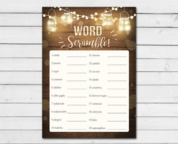 Rustic Lights Baby Shower Word Scramble Game Cards Wood Mason Jars String Lights Fall Winter Gender Neutral Printable Instant Download 0015