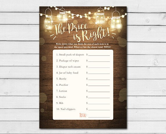 Rustic Lights Baby Shower The Price is Right Game Cards Wood Mason Jars String Lights Winter Gender Neutral Printable Instant Download 0015