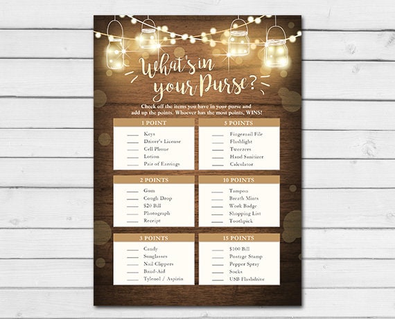 Rustic Lights Baby Shower What's in Your Purse Game Cards Wood Mason Jars String Lights Fall Gender Neutral Printable Instant Download 0015