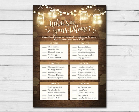 Rustic Lights Baby Shower What's in Your Phone Game Cards Wood Mason Jars String Lights Fall Gender Neutral Printable Instant Download 0015