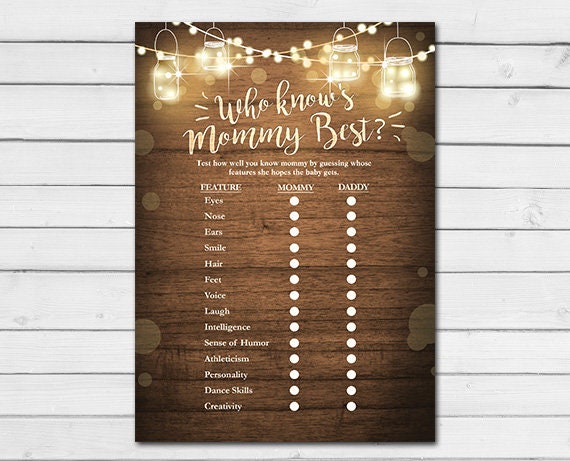 Rustic Lights Baby Shower Who Know&#39;s Mommy Best Game Cards Wood Mason Jars String Lights Fall Gender Neutral Printable Instant Download 0015