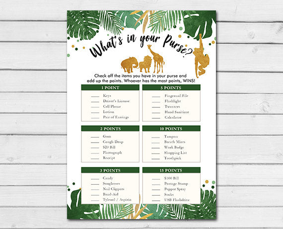 Safari Baby Shower Game What&amp;#39;s in Your Purse Game Cards Wild One Jungle Animals Shower activity Gold Black Printable Instant Download 0016