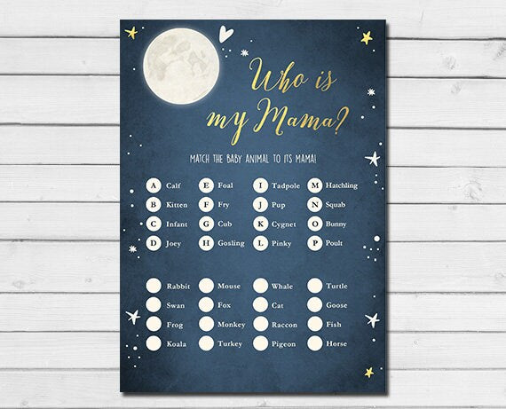 Baby Shower Love You To The Moon And Back Who&#39;s My Mama Game Animal Navy Blue Twinkle Twinkle Little Star Printable Instant Download 0017