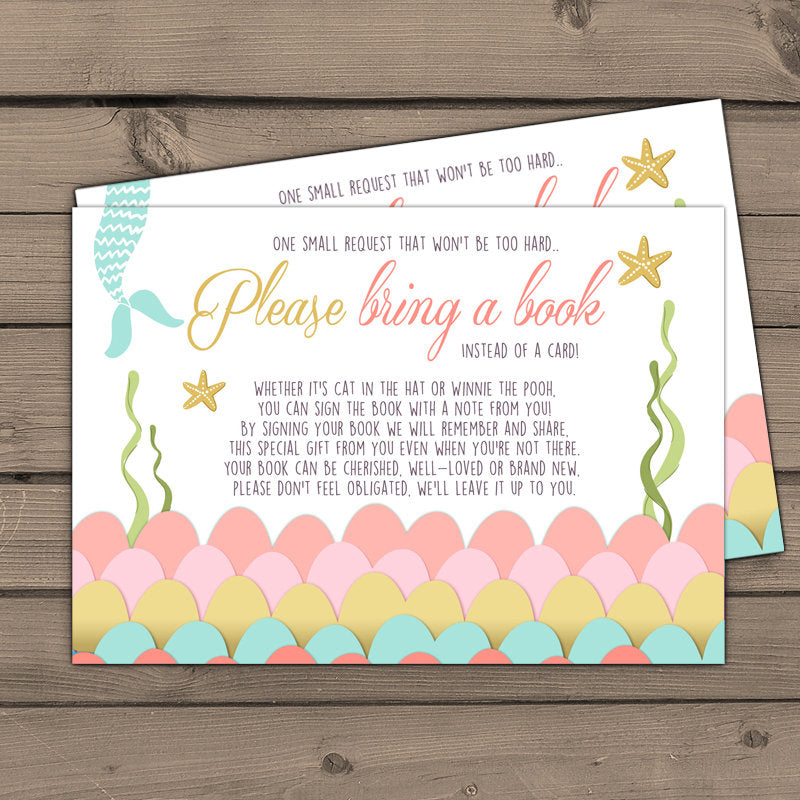 Baby shower Bring a book card Mermaid Baby shower Mermaid Book insert Girl Book card Purple Gold Coral Under the sea DIY PRINTABLE 0021