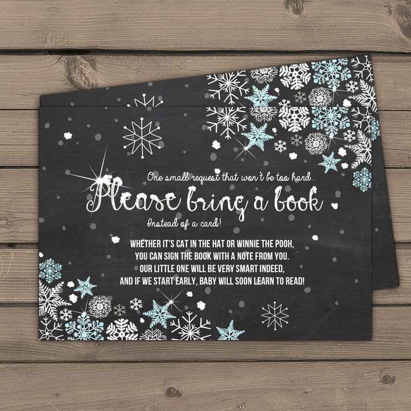 Baby Shower Bring a Book Card Baby It’s Cold Outside Snowflakes Chalkboard Blue Baby Boy Shower Winter Stars Holiday DIY PRINTABLE PDF 0033