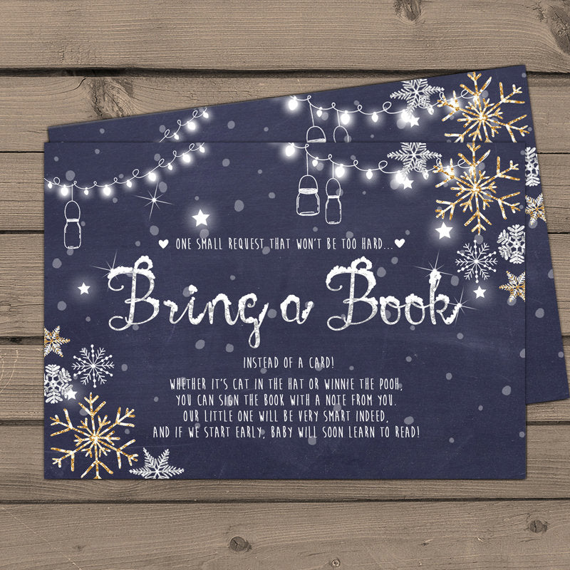 Baby Shower Bring a Book Card Baby It’s Cold Outside Snowflakes Night Blue Mason Jars String Lights Winter Holiday DIY PRINTABLE PDF 0032