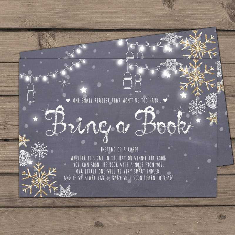 Baby Shower Bring a Book Card Baby It’s Cold Outside Snowflakes Night Blue Mason Jars String Lights Winter Holiday DIY PRINTABLE PDF 0032