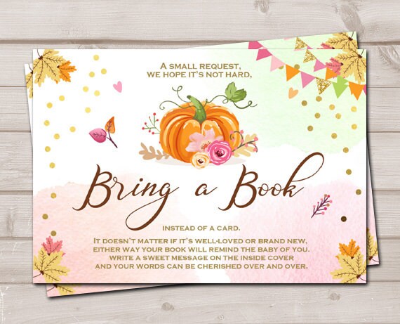 Rustic Pumpkin Baby Shower Bring a Book Rustic Baby Girl Pink and Gold Autumn Fall Book Request Library Book insert Book card PRINTABLE 0056