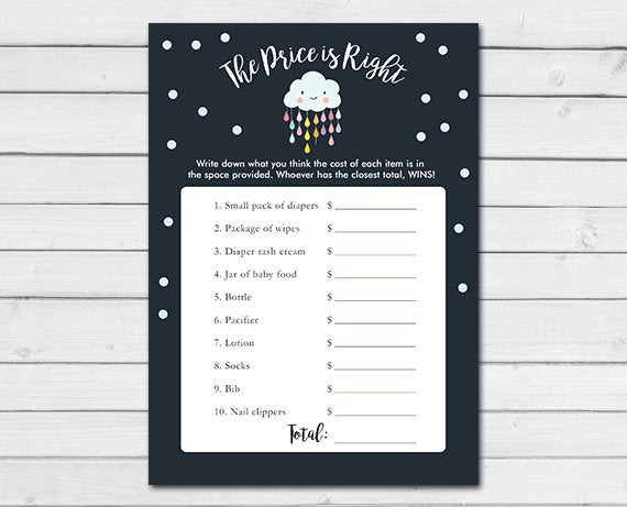 Cloud Baby Shower The Price is Right Game Cards Gender Neutral Rain Cloud Baby Sprinkle Shower Activity Printable Instant Download 0036