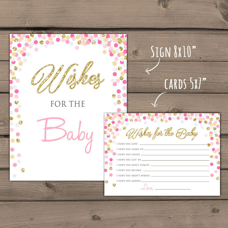 Baby shower Wishes for Baby game Instant download Pink and Gold baby shower Gold glitter confetti Baby wishes card PRINTABLE 0014