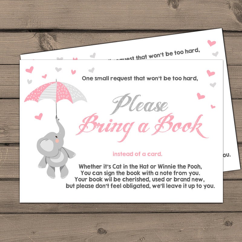 Baby shower Bring a book card Elephant Baby Shower Elephant Book insert Book card Pink grey Baby shower Little Peanut DIY PRINTABLE 0037