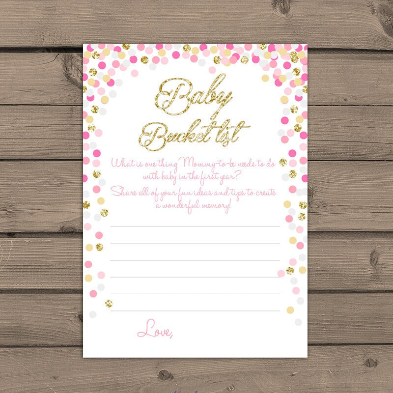 Baby shower Baby Bucket List game Instant download Pink and Gold baby shower Gold glitter confetti baby shower game PRINTABLE bsc