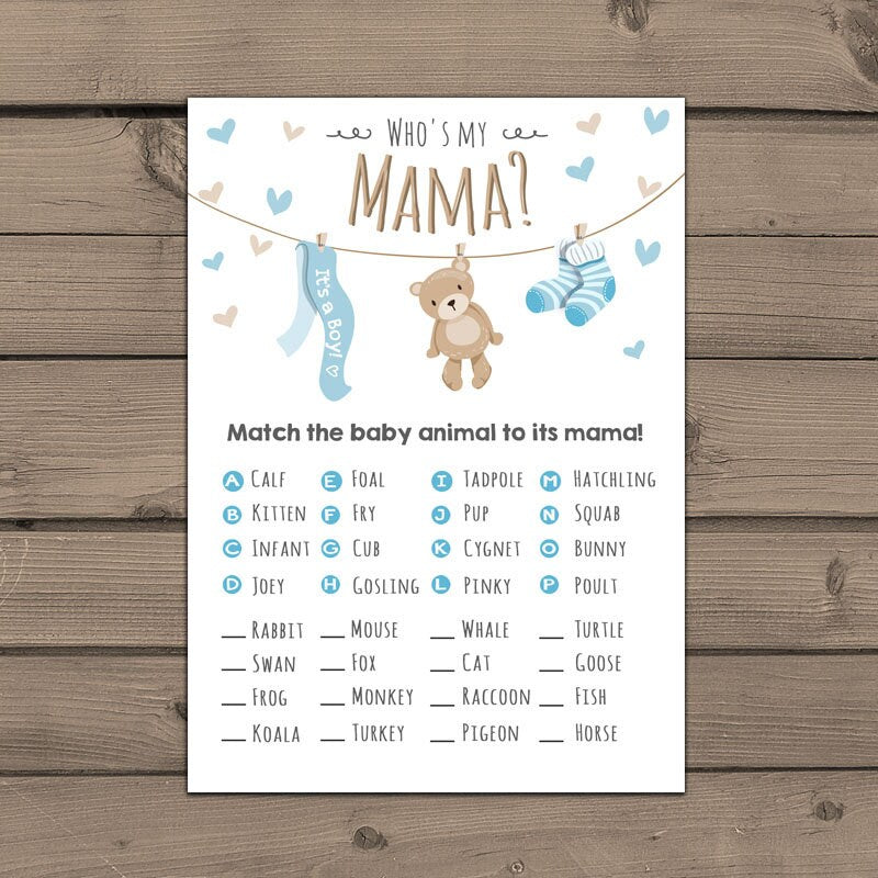 Baby shower game Match baby animals game Whos my mama mommy game Woodland baby shower Teddy bear Boy baby shower activity Blue 0025