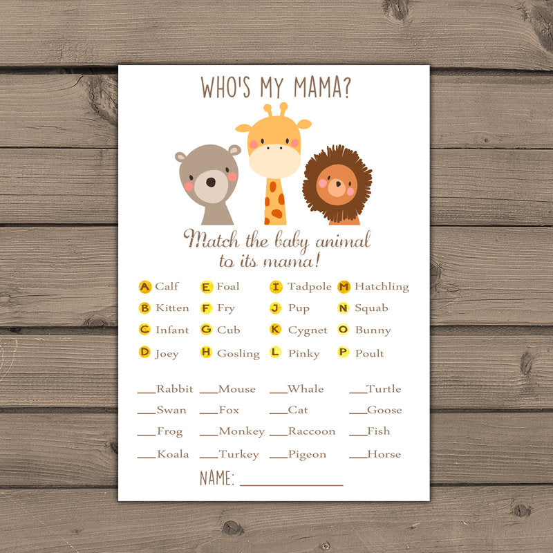 Baby shower game Match baby animals game Woodland baby shower Safari Who&#39;s my mama Jungle Gender neutral Instant download Digital PRINTABLE