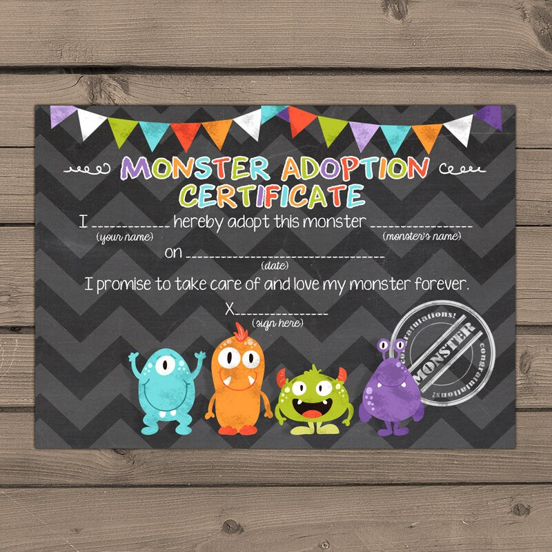 Adopt a Monster certificate and sign Monster Birthday Monster adoption certificate Monster Instant download PRINTABLE Digital PDF DIY 0058