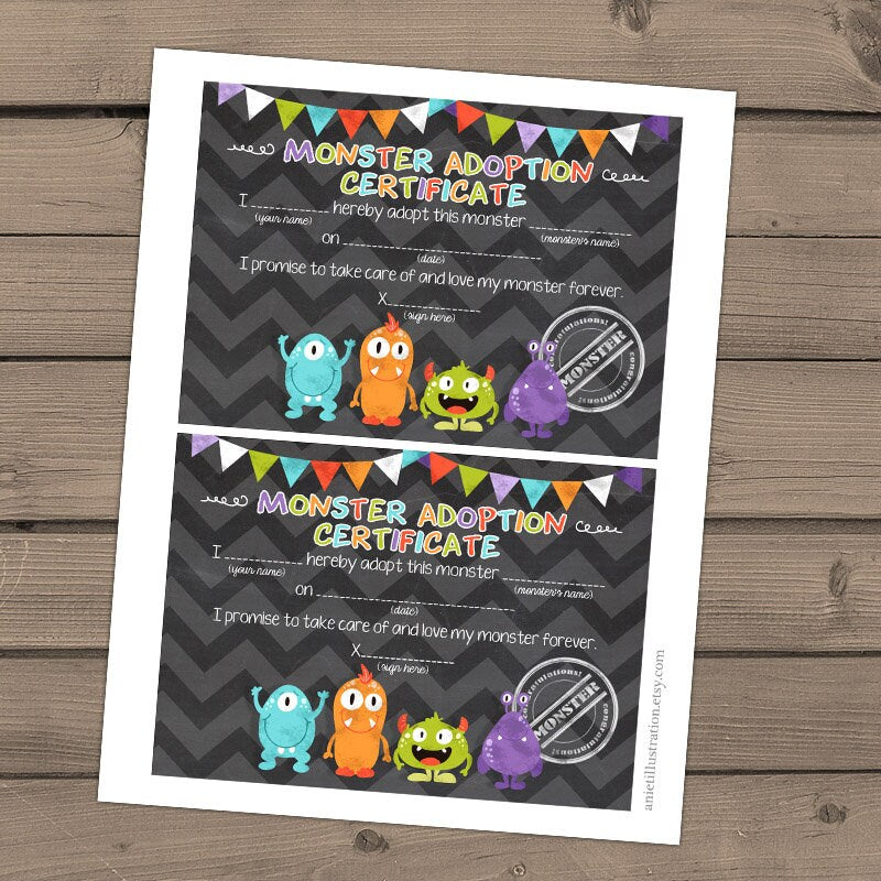 Adopt a Monster certificate and sign Monster Birthday Monster adoption certificate Monster Instant download PRINTABLE Digital PDF DIY 0058