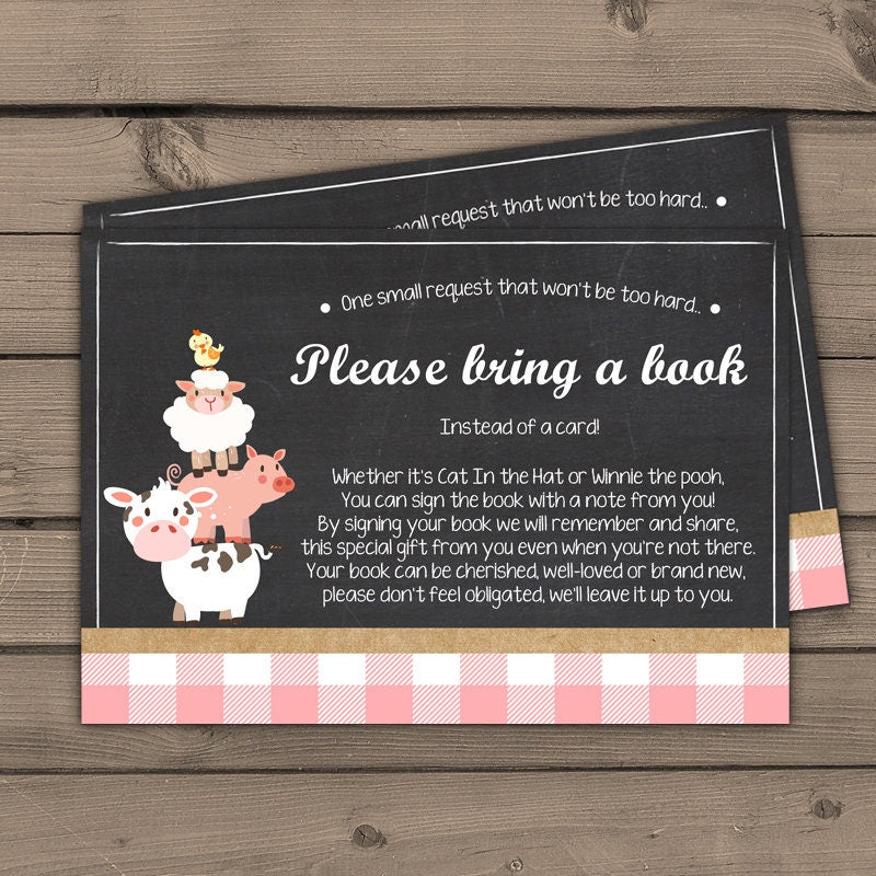 Baby shower Bring a book card Farm animals Farm theme Barnyard Pink Girl Baby shower Book insert Book card Chalkboard Digital PRINTABLE 0064