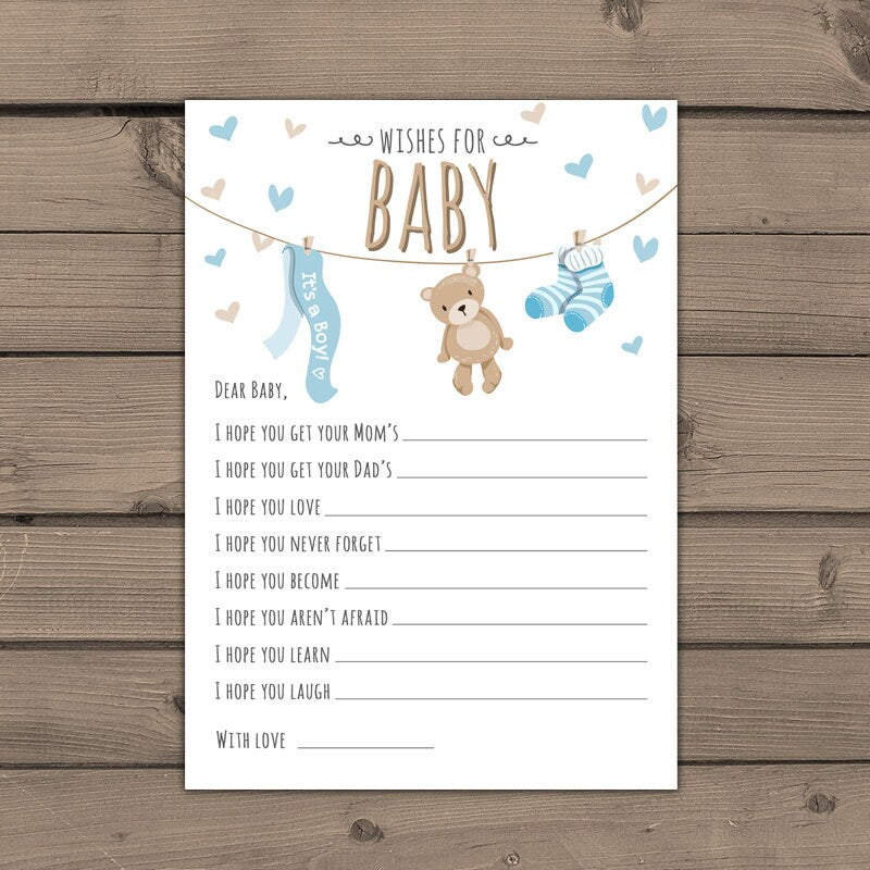 Baby shower wishes for baby Teddy bear Wishes cards Instant download Teddy bear Boy Baby shower Teddy bear Blue Digital PRINTABLE DIY 0025