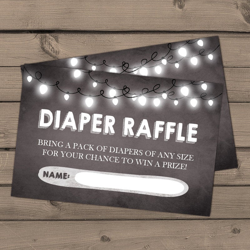 Baby shower Diaper raffle cards String lights Rustic Baby shower game Diaper raffle tickets Chalkboard White black brown DIY PRINTABLE