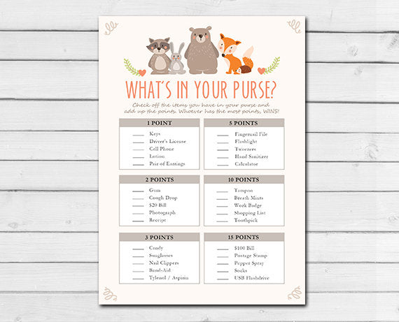 Woodland Baby Shower What&#39;s in Your Purse Game Cards Woodland Animals Forest Animals Raccoon Rabbit Bear Fox Printable Instant Download 0010