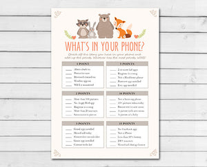 Woodland Baby Shower What&#39;s in Your Phone Game Cards Woodland Animals Forest Animals Raccoon Rabbit Bear Fox Printable Instant Download 0010