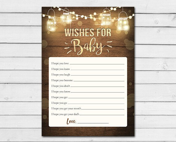 Rustic Lights Baby Shower Wishes for Baby Game Cards Wood Mason Jars String Lights Winter Gender Neutral Printable Instant Download 0015