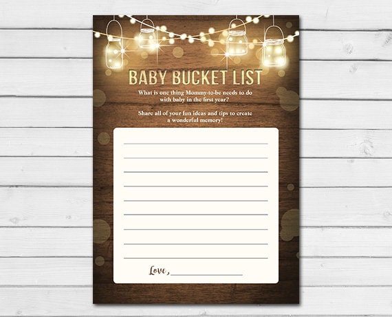 Rustic Lights Baby Shower Baby Bucket List Game Cards Wood Mason Jars String Lights Winter Gender Neutral Printable Instant Download 0015