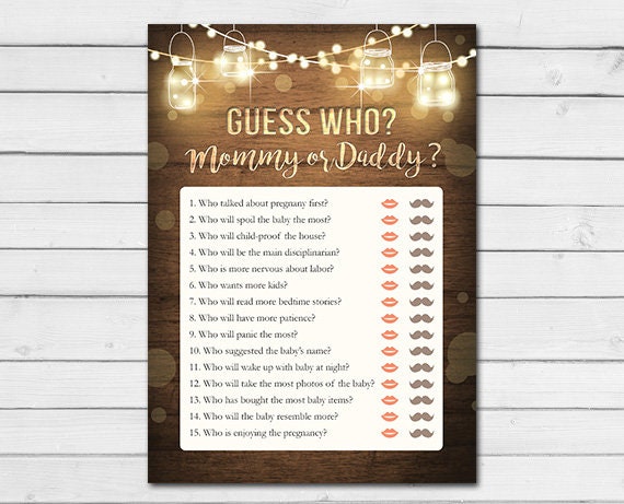 Rustic Lights Baby Shower Mommy or Daddy Guess Who Game Cards Wood Mason Jars String Lights Gender Neutral Printable Instant Download 0015