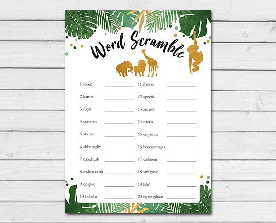 Safari Baby Shower Word Scramble Game Cards Wild one Animals Jungle Shower Activity Gold Black Zoo Printable Instant Download 0016