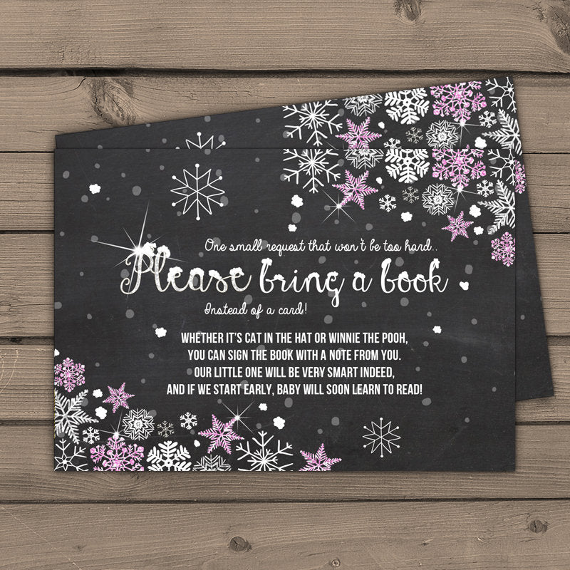 Baby Shower Bring a Book Card Baby It’s Cold Outside Snowflakes Chalkboard Pink Baby Girl Shower Winter Stars Holiday DIY PRINTABLE PDF 0033