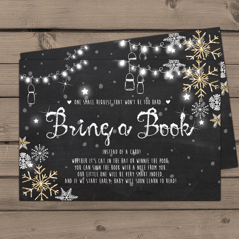 Baby Shower Bring a Book Card Baby It’s Cold Outside Snowflakes Chalkboard Mason Jars String Lights Winter Holiday DIY PRINTABLE PDF 0032