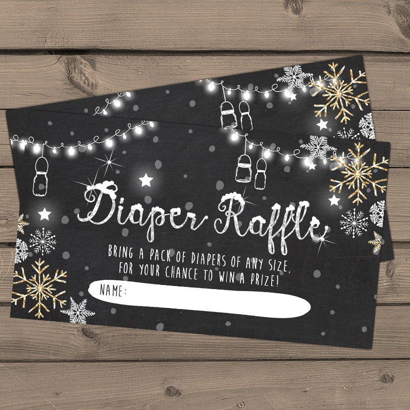 Baby Shower Diaper Raffle Cards Snowflakes Rustic Baby Shower Game Diaper Raffle Tickets Chalkboard Gold String Lights DIY PRINTABLE 0032