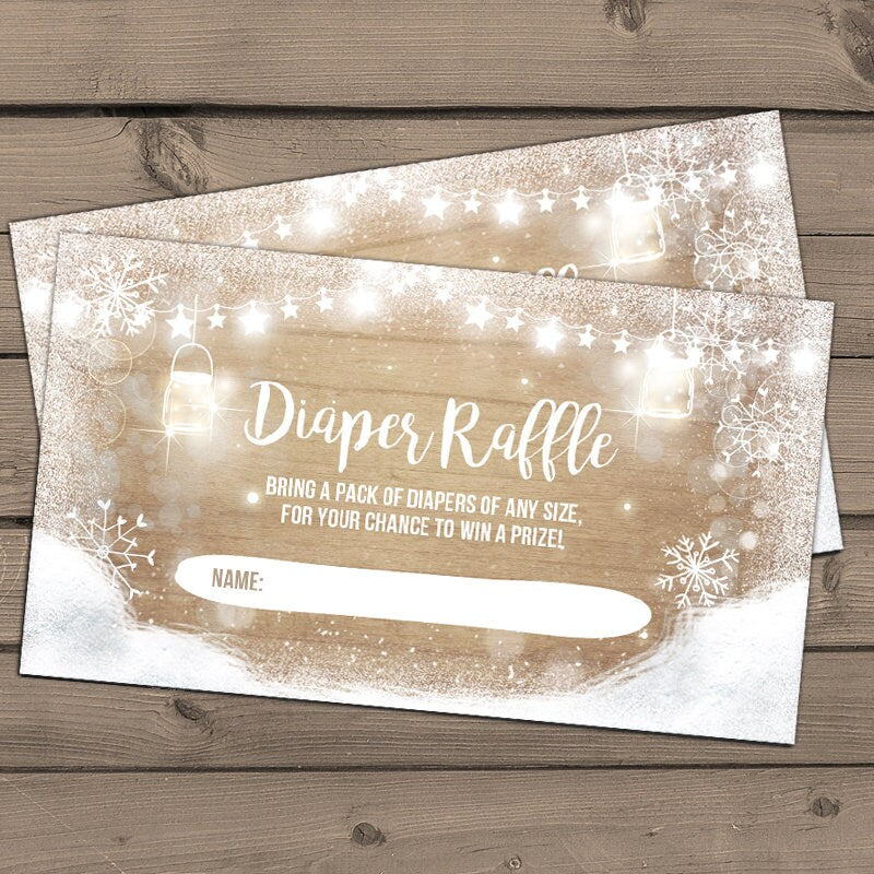 Baby Shower Diaper Raffle Cards Snowflakes Rustic Baby Shower Game Diaper Raffle Tickets Mason Jars Snow String Lights DIY PRINTABLE 0031