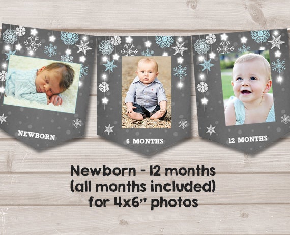 Winter Onederland First birthday banner Monthly Photo Banner Winter Onederland Banner Birthday Snowflakes Boy party PRINTABLE Digital 0057