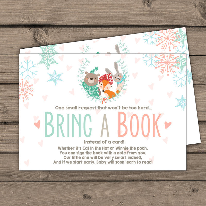 Baby shower Bring a book card Baby it’s cold outside Snowflakes Book Request Gender neutral shower winter Woodland Fox Bear PRINTABLE 0054