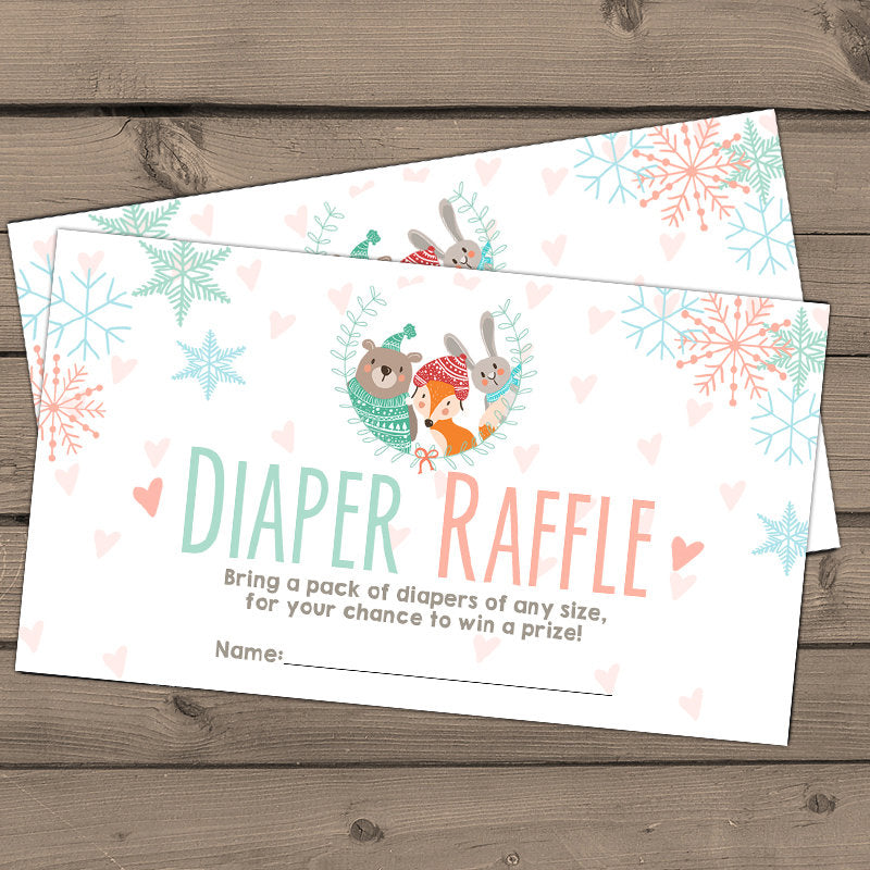 Diaper raffle tickets Baby it’s cold outside Snowflakes Gender neutral Winter Woodland Fox Bear Diaper Game Diaper tickets PRINTABLE 0054