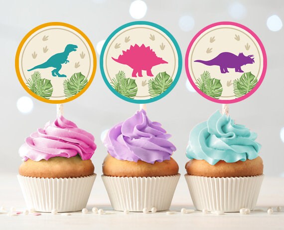 Girl Dinosaur Cupcake Toppers Favor Tags Birthday Party Decoration Dino Party Dino Birthday Boy Prehistoric download Digital PRINTABLE 0043