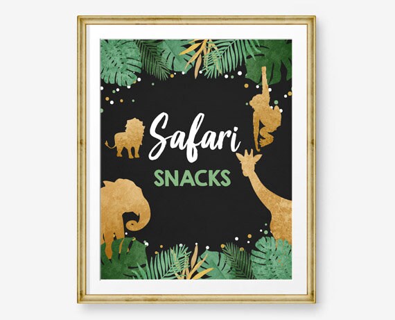 Safari Snacks Birthday Sign Table Decor Safari Birthday Wild One Animals Black and Gold Food Table Decor Zoo Party Jungle PRINTABLE 0016