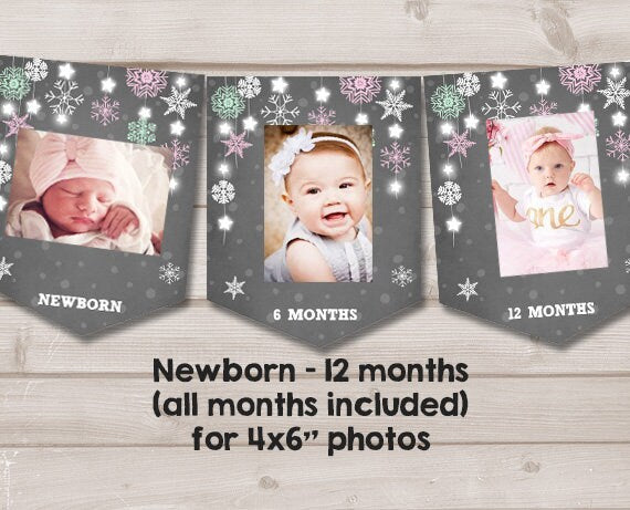 Winter Onederland First birthday banner Monthly Photo Banner Winter Banner Birthday Snowflakes Girl Pink party PRINTABLE Digital 0057