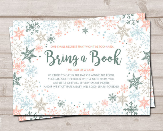 Baby shower Bring a book card Book Insert Baby it’s cold outside Snowflakes Rustic Coral Navy Blue winter Gender neutral PRINTABLE PDF 0078