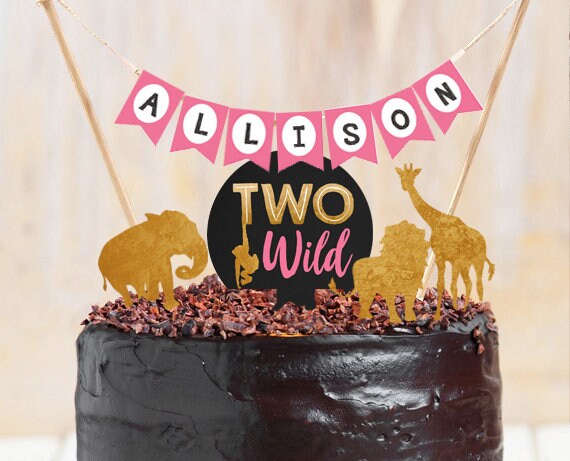 Two Wild Cake Topper First Birthday Safari Animals Name Banner Girl Pink Gold Jungle Birthday Zoo party decor PRINTABLE Digital 0016