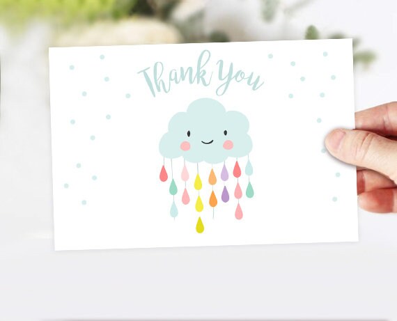 Baby Shower Thank you Card Cloud Thank You Note 4x6&quot; Rain Cloud Raindrop Showered with Love Sprinkle Gender Neutral Instant Download 0036