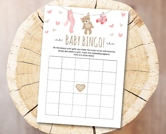 Teddy Bear Baby Shower Bingo Game Cards Teddy Pink Hearts Shower Game Shower Activity Printable Digital Game Instant Download 0025