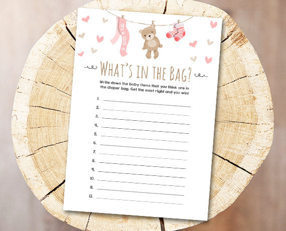 Teddy Bear Baby Shower What&#39;s in the Bag Diaper Bag Guessing Printable Digital File Printable Baby Game Shower Activities DIY 0025