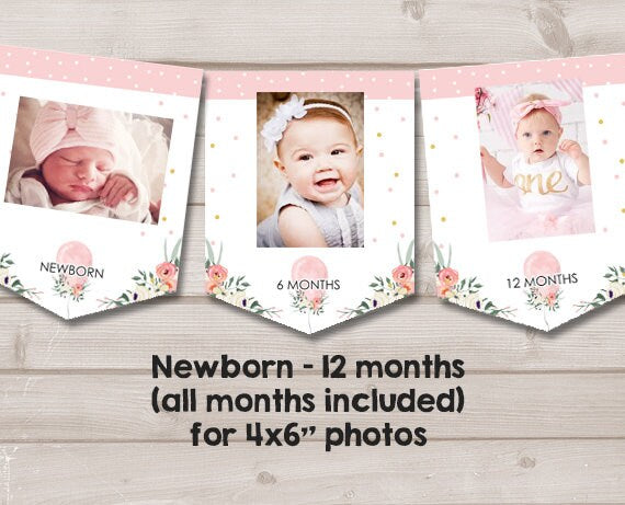 Girl First birthday banner Monthly Photo Banner Floral Balloon Banner Party decor Balloon Confetti Girl birthday PRINTABLE Digital 0221