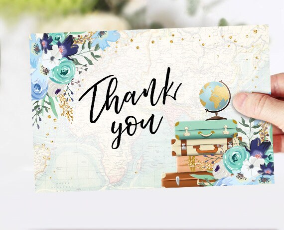 Travel Thank you Card Adventure Thank You Note 4x6" Miss to Mrs Bridal Shower Blue and Gold Flowers Globe Confetti Instant Download 0030