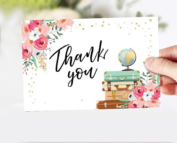 Travel Thank you Card Adventure Thank You Note 4x6" Miss to Mrs Bridal Shower Pink and Gold Flowers Globe Confetti Instant Download 0030