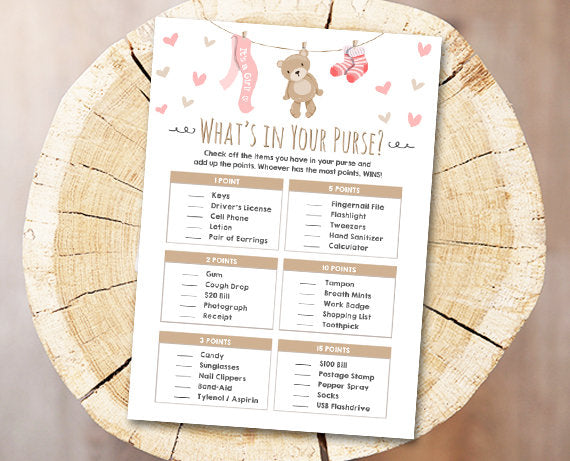 Teddy Bear Baby Shower Game What&amp;#39;s in Your Purse Game Cards Instant Download Digital File Printable Baby Game Shower Activities DIY 0025