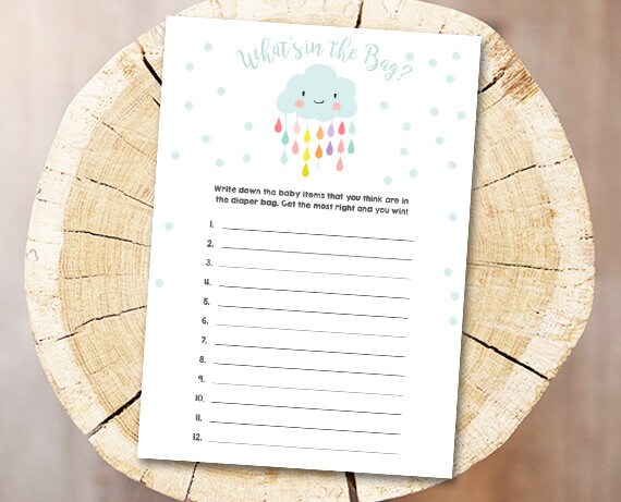 Cloud Baby Shower What&#39;s in the Bag Diaper Bag Guessing Raindrops Rain Drops Neutral Download Printable Baby Game Shower Activities DIY 0036